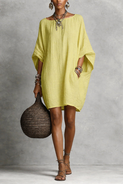 Robe décontractée femme en coton-lin, couleur unie, col rond, manches 3/4, coupe ample