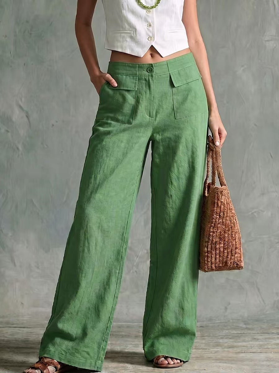 Pantalon large taille haute en lin sauge à poches plaquées
