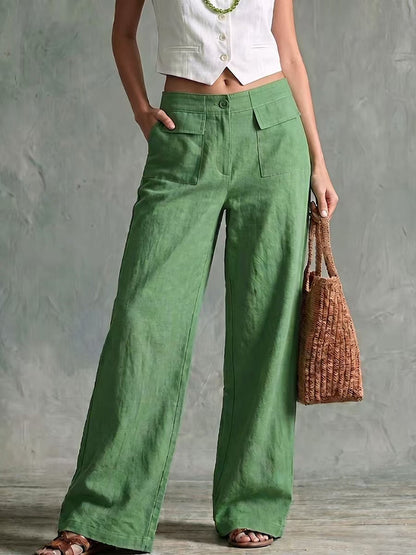Pantalon large taille haute en lin sauge à poches plaquées