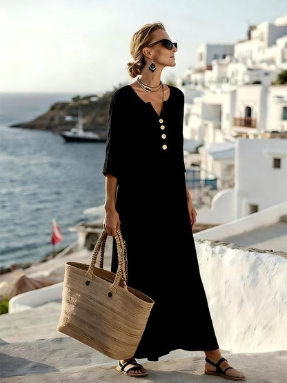 Robe longue décontractée en mélange de lin à col en V