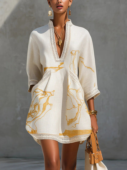 Robe Courte Évasée en Coton et Lin de Style Décontracté avec Bretelles