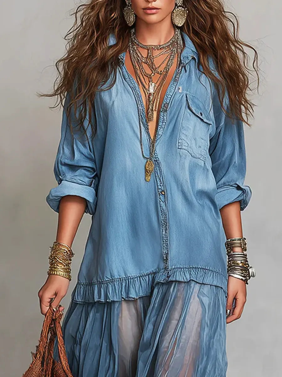 Robe longue décontractée en jean organza patchwork style rétro à revers pour femmes