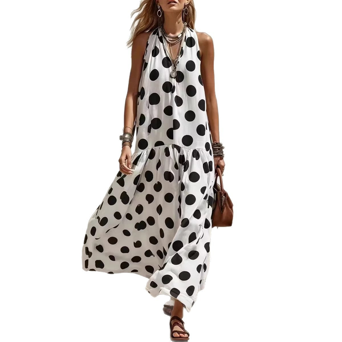 Robe décontractée sans manches pour femme - Imprimé rayures et pois