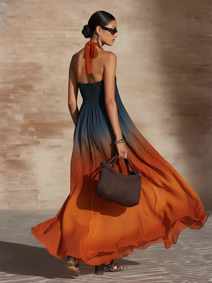 Robe longue ample dégradée à col licou élégante