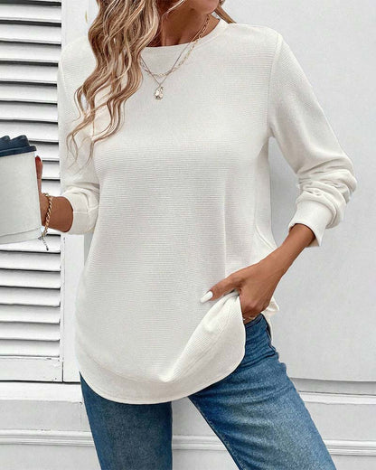 Round-neck, long-sleeved, solid-colour top