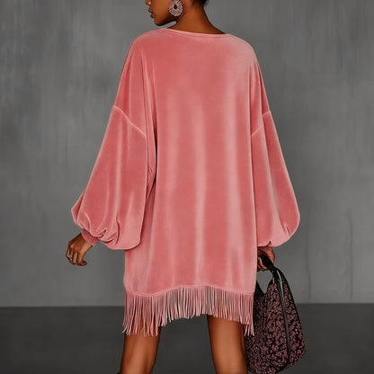 Robe rétro en velours rose pour femme, col montant, à franges
