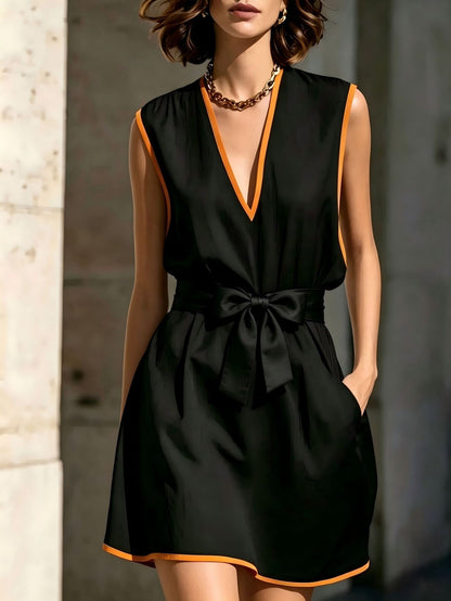 Mini-robe sans manches à col en V, passepoil contrastant et ceinture à nouer