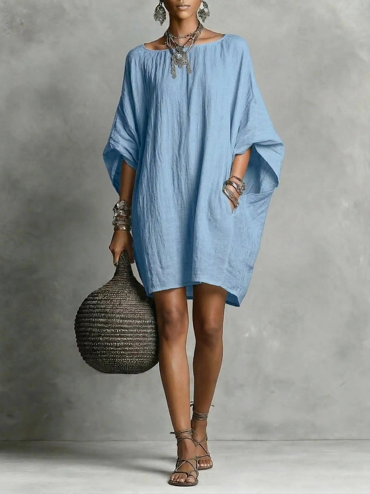 Robe décontractée femme en coton-lin, couleur unie, col rond, manches 3/4, coupe ample
