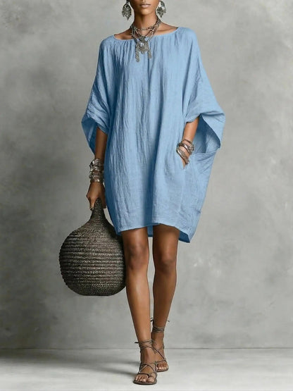 Robe décontractée femme en coton-lin, couleur unie, col rond, manches 3/4, coupe ample