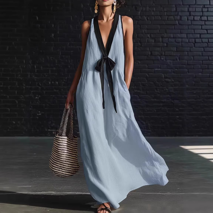 Robe longue sans manches col en V à imprimé bohème noir et blanc