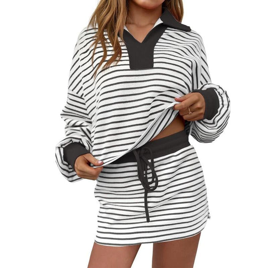Women's Striped Two-Piece Casual Sweatshirt and Skirt Set