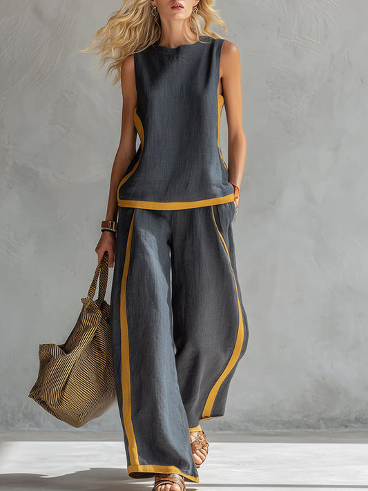 Ensemble décontracté sans manches à col rond pour femmes et pantalon large taille haute en coton et lin.