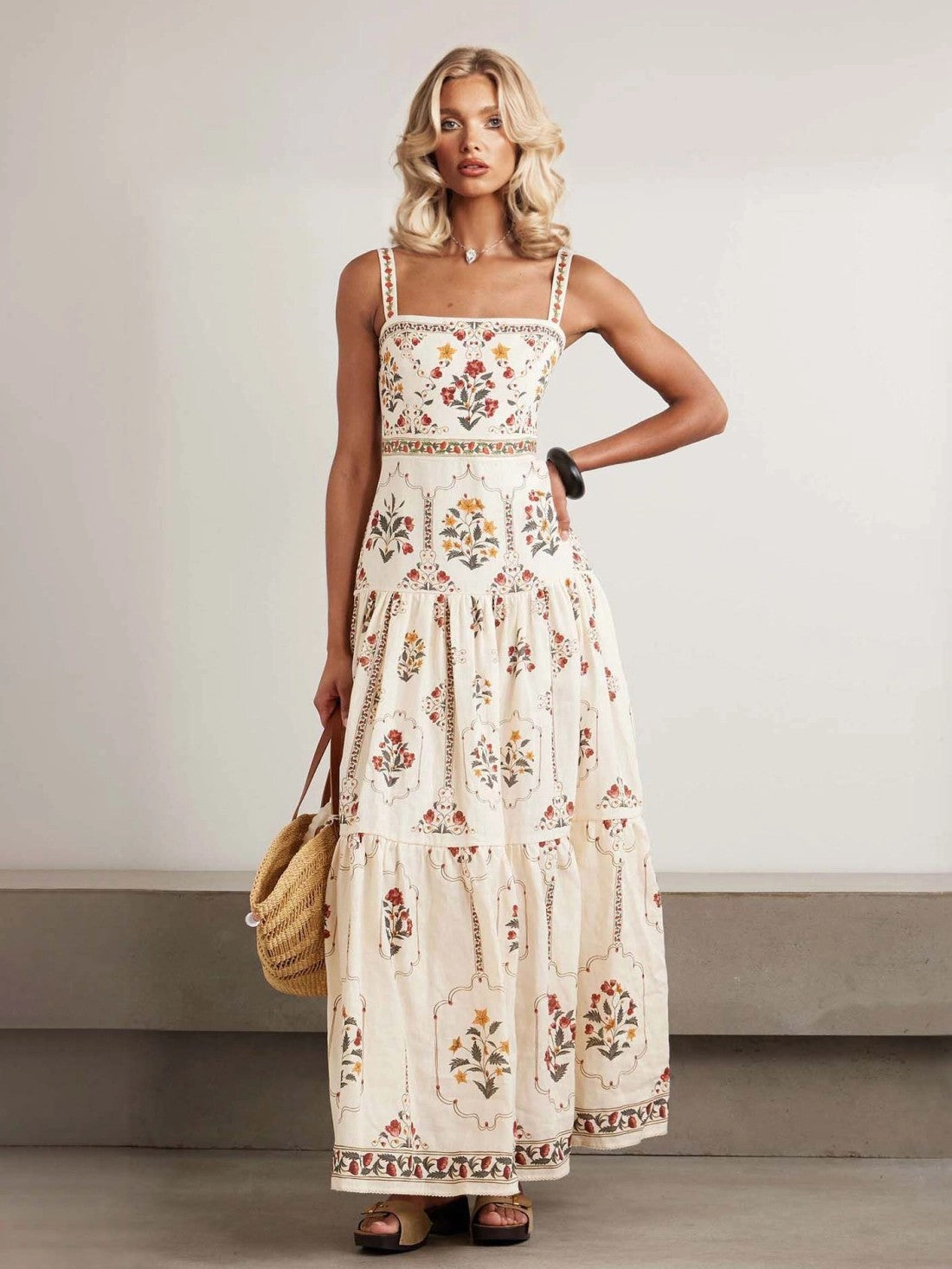 Robe longue étagée à imprimé floral vintage | Robe d'été camisole à encolure carrée