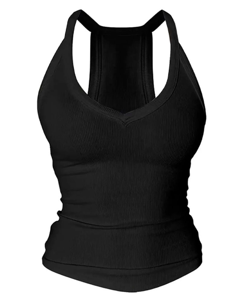 Haut court côtelé à fines bretelles et col en V avec soutien-gorge intégré