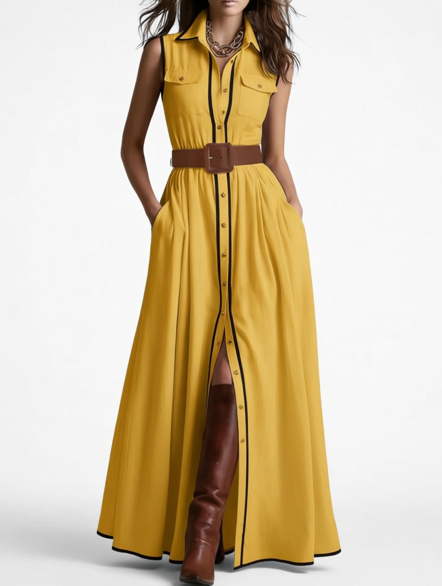 Robe chemise longue ceinturée à passepoils contrastés