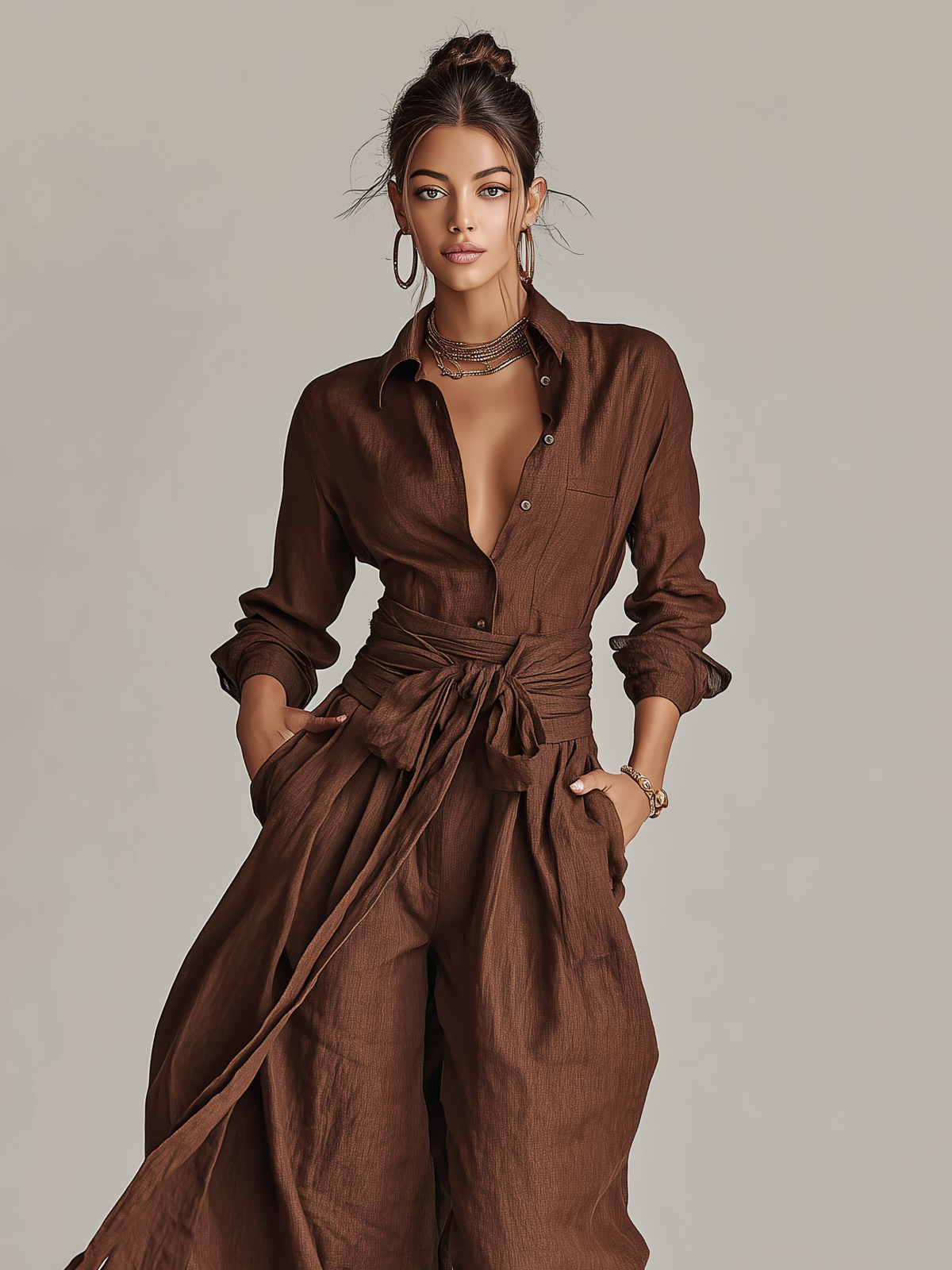 Elegant brown woven cotton-linen women's jumpsuit with long sleeves, shirt collar, and belt