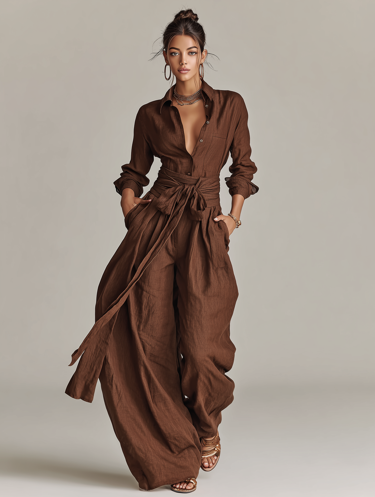 Elegant brown woven cotton-linen women's jumpsuit with long sleeves, shirt collar, and belt