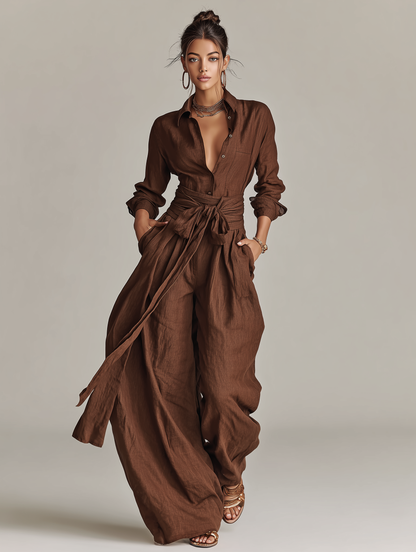 Elegant brown woven cotton-linen women's jumpsuit with long sleeves, shirt collar, and belt