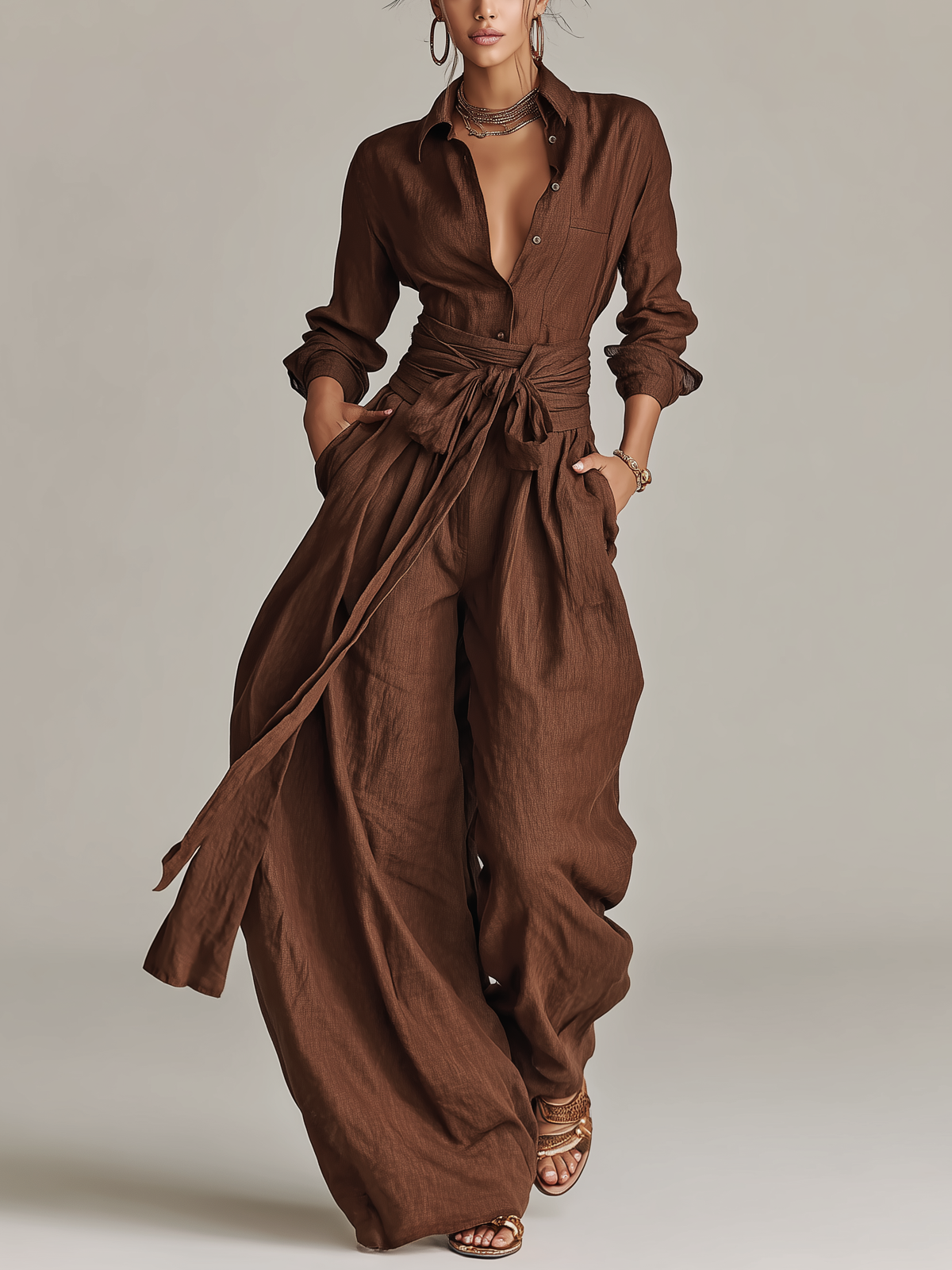 Elegant brown woven cotton-linen women's jumpsuit with long sleeves, shirt collar, and belt