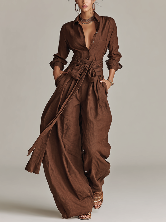 Elegant brown woven cotton-linen women's jumpsuit with long sleeves, shirt collar, and belt