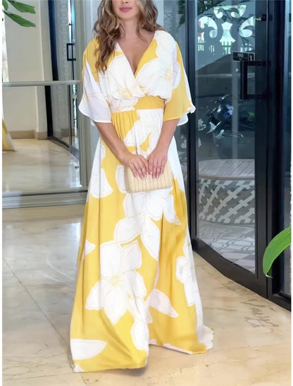 Women's Summer Casual Bohemian Dress, V-Neck Floral Tassel Boho Midi Dress
