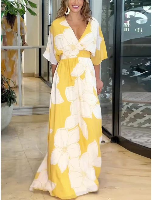 Women's Summer Casual Bohemian Dress, V-Neck Floral Tassel Boho Midi Dress