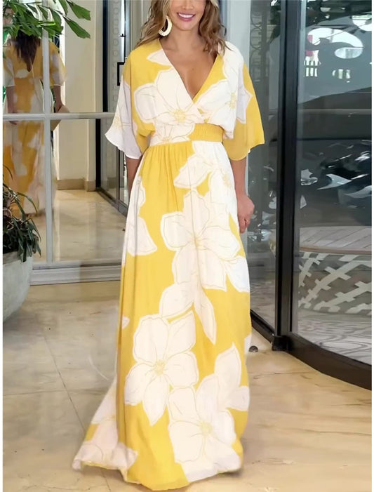 Women's Summer Casual Bohemian Dress, V-Neck Floral Tassel Boho Midi Dress