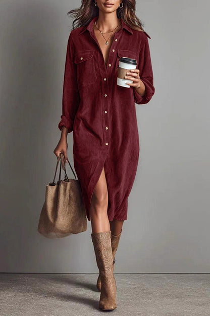 Robe chemise midi décontractée unie, à boutonnage simple, avec poches