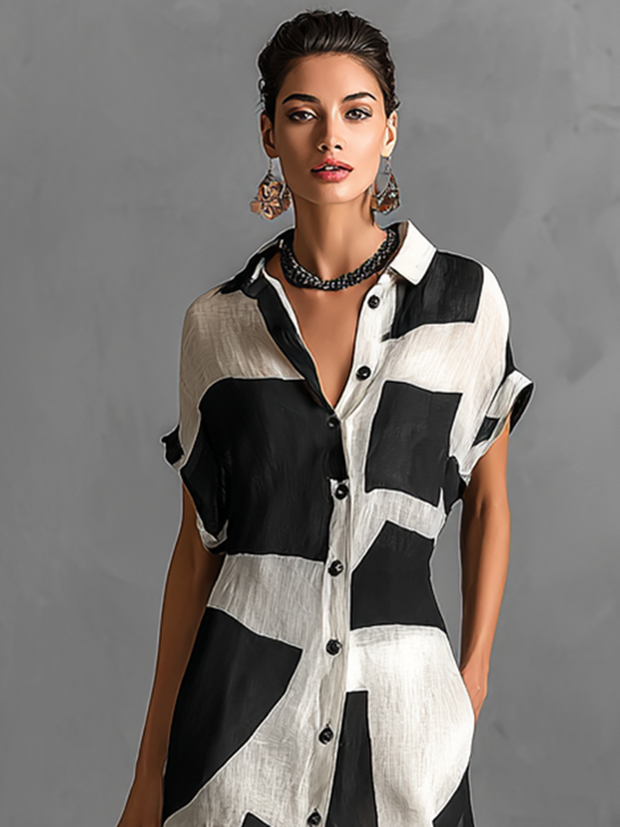 Robe‑chemise maxi à manches courtes, à col revers, à simple boutonnage, à imprimé géométrique irrégulier, mélange coton et lin pour femme