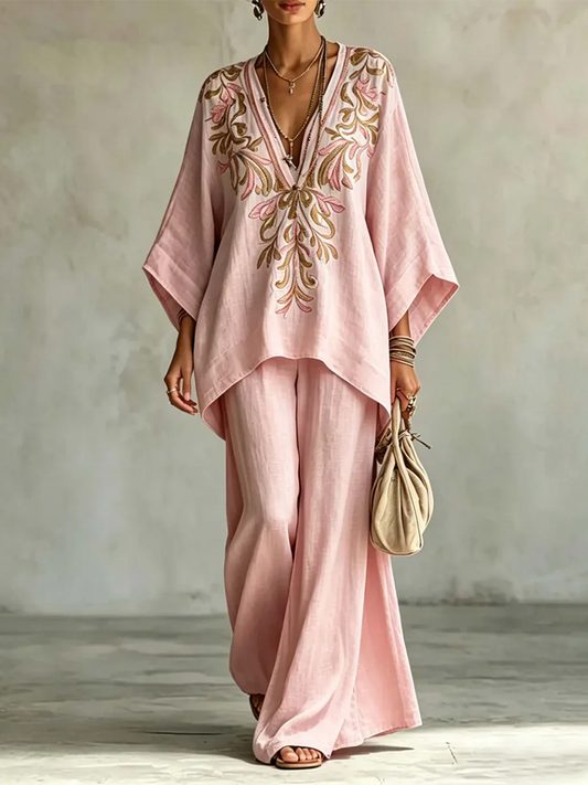 Ensemble deux pièces en coton et lin à imprimé floral rétro