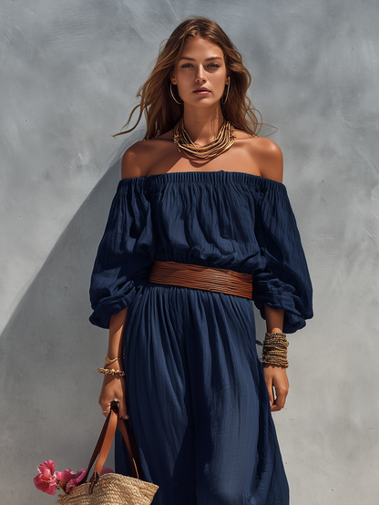 Robe longue sans bretelles à manches longues en coton et lin bleu foncé décontractée pour femme (ceinture non incluse)