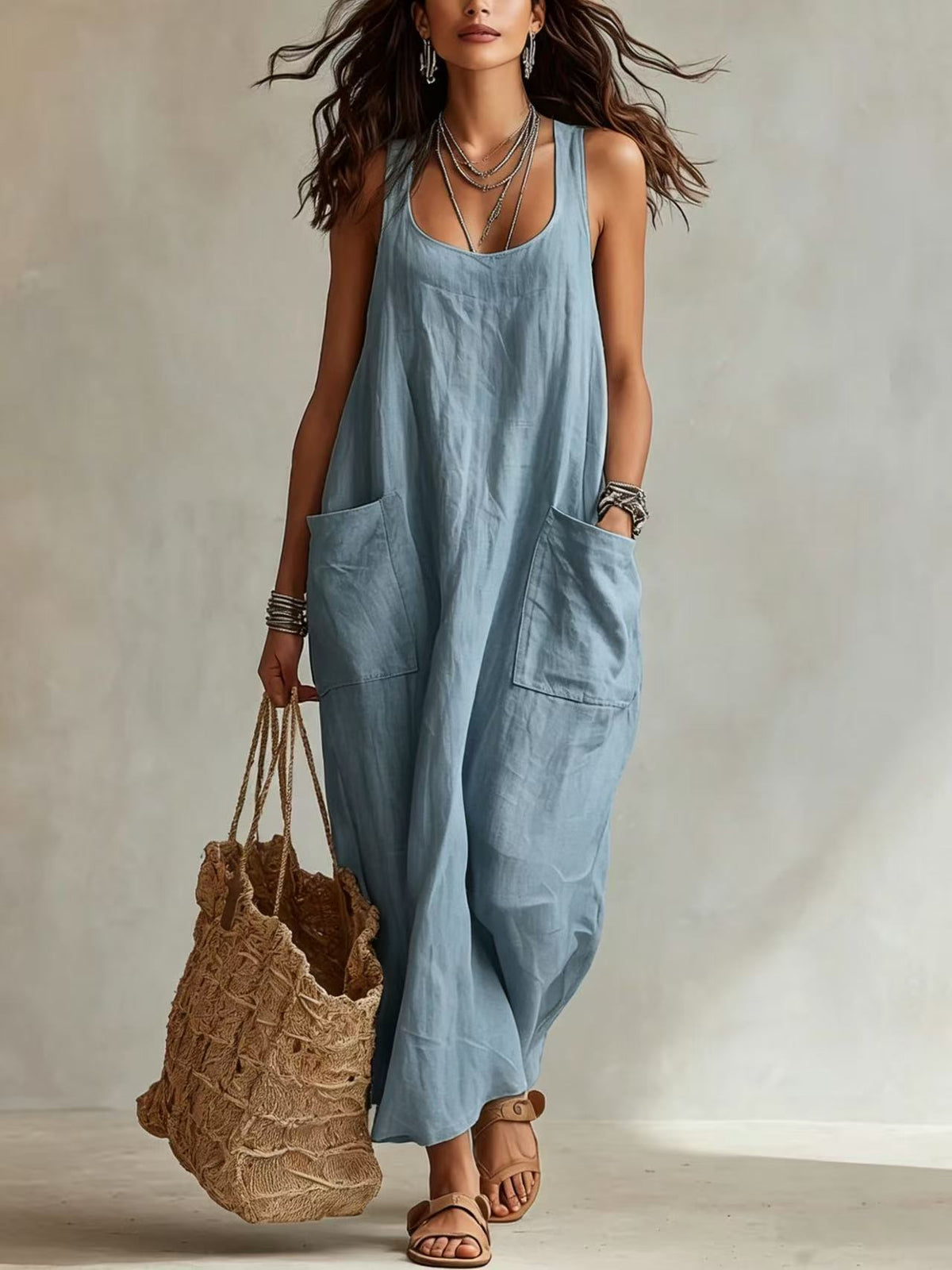 Robe longue maxi décontractée et fluide, sans manches, col en U, avec poches