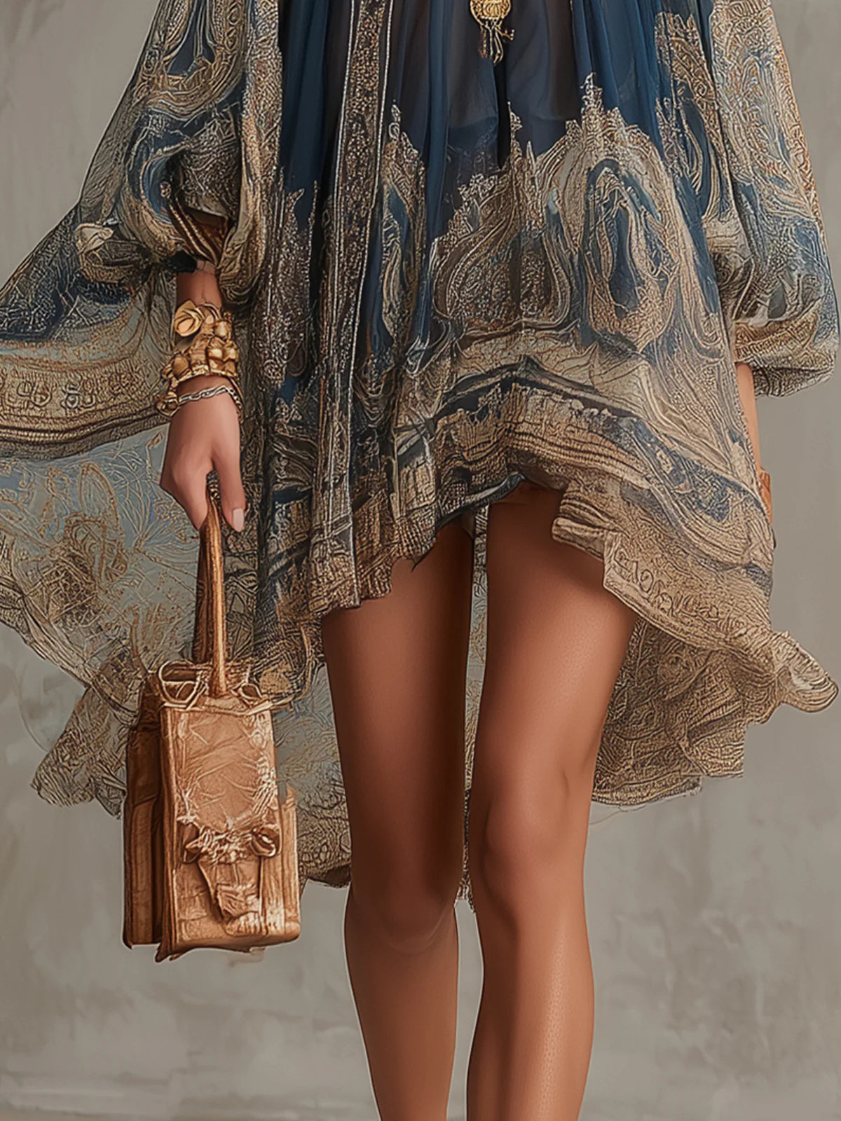 Mini-robe en mousseline de soie irrégulière bleu marine à imprimé baroque et col montant