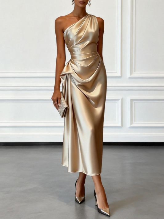 Robe midi satinée asymétrique sans manches à volants