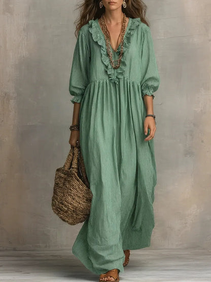 Robe longue de vacances chic décontractée à imprimé rayé et volants pour femme