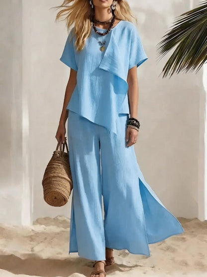 Ensemble deux pièces asymétrique en coton et lin à col rond + pantalon large à fentes latérales