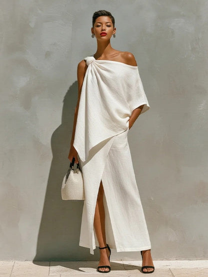 Ensemble deux pièces asymétrique en lin blanc noué