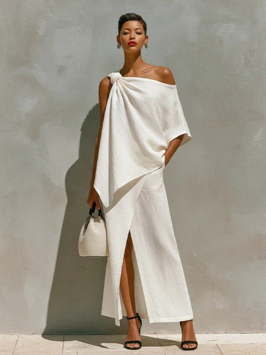 Ensemble deux pièces asymétrique en lin blanc noué