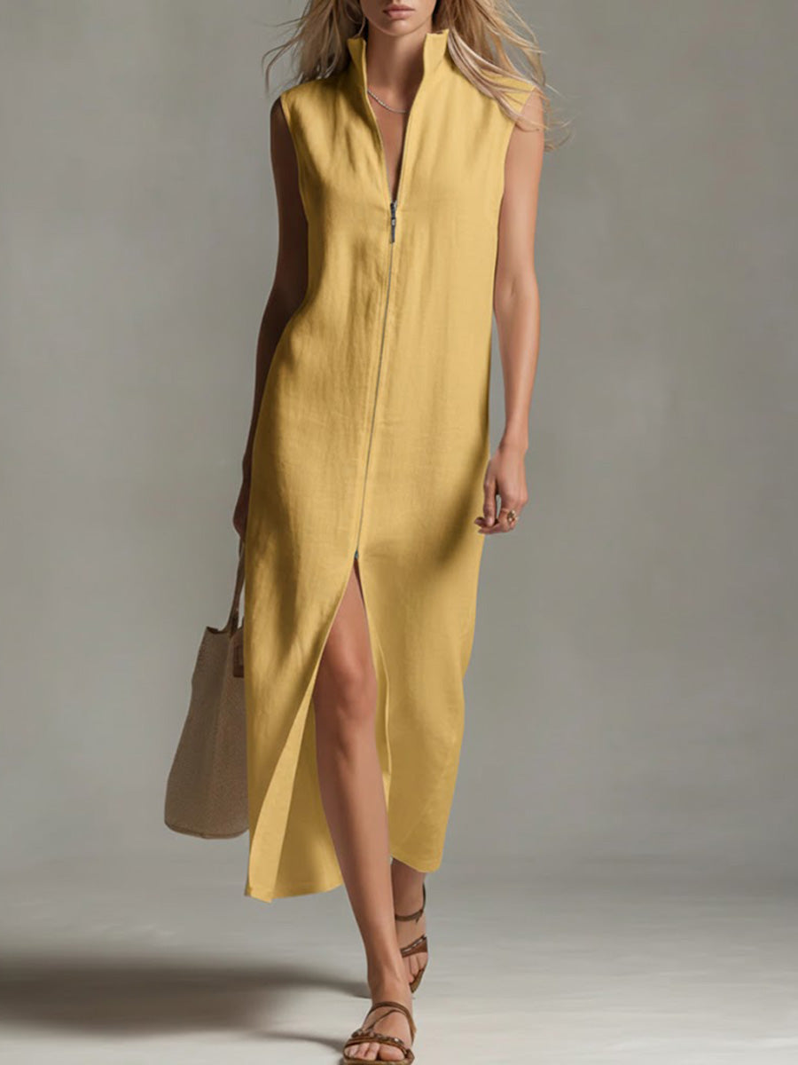 Robe ample décontractée sans manches en lin de couleur unie à col montant pour femme