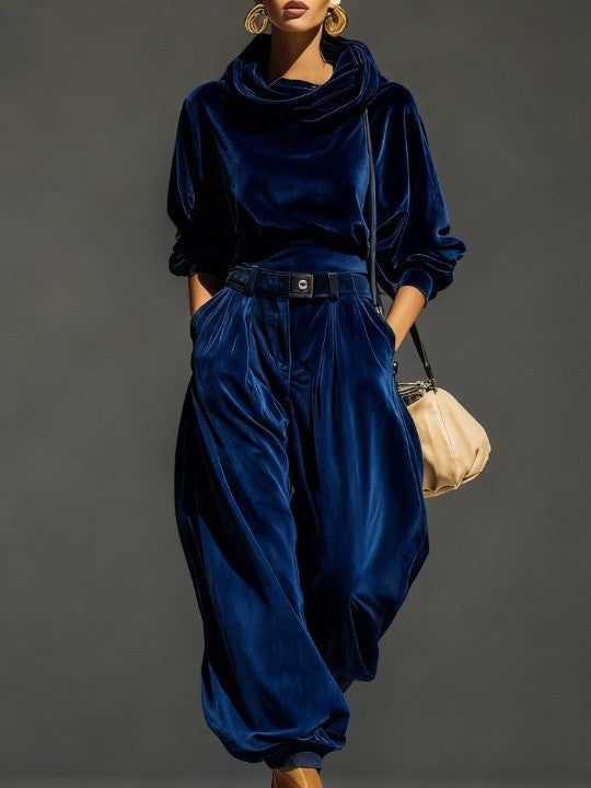 Vintage brown velvet hoodie and wide-leg trousers (belt included)