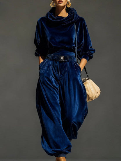 Vintage brown velvet hoodie and wide-leg trousers (belt included)