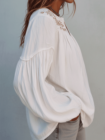 Blouse à manches longues en coton blanc brodé, style bohème