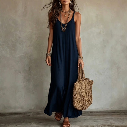 Robe longue ample à fines bretelles en lin texturé