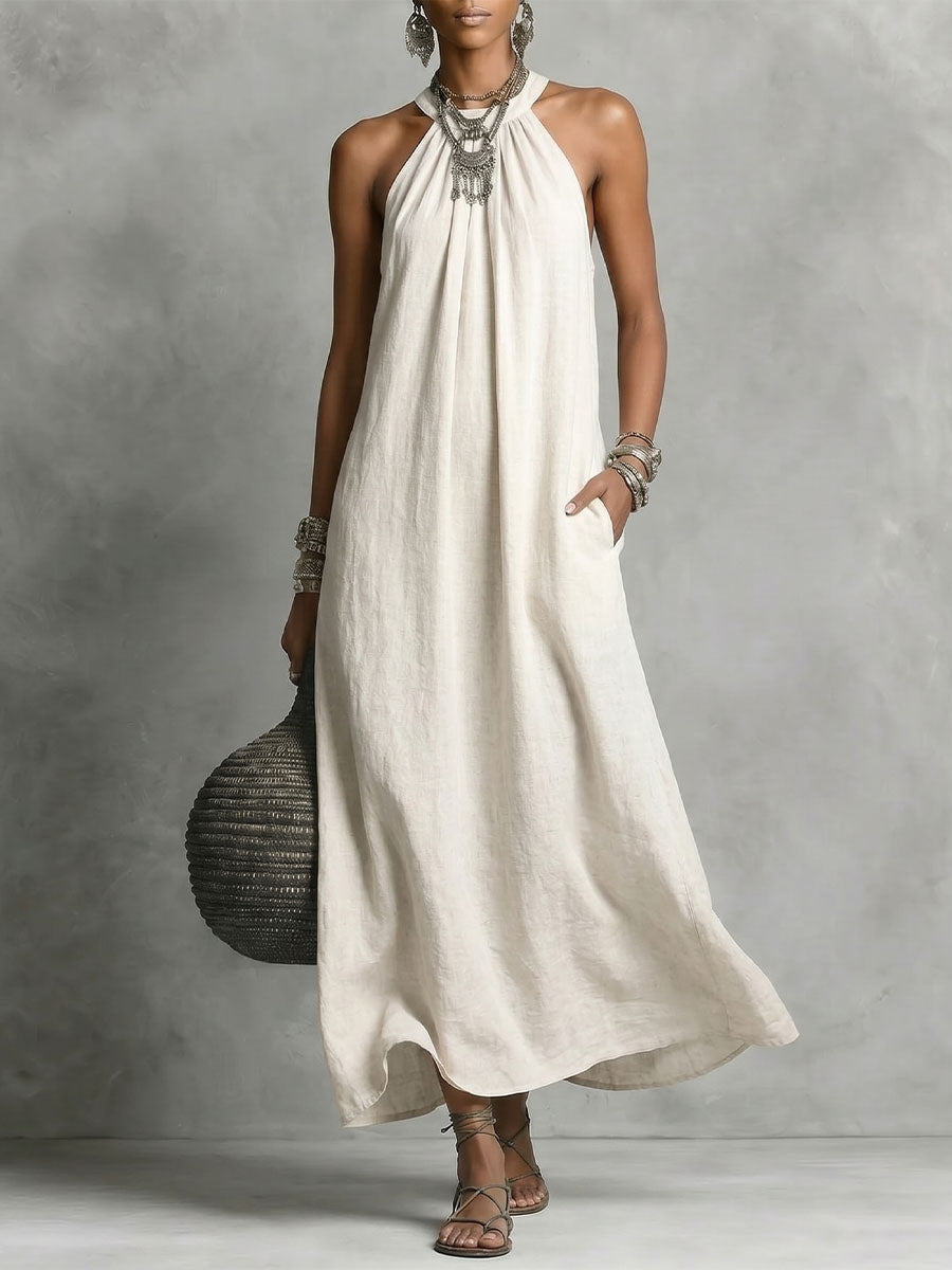 Robe sans manches en coton-lin pour femme avec encolure ronde et dos nu