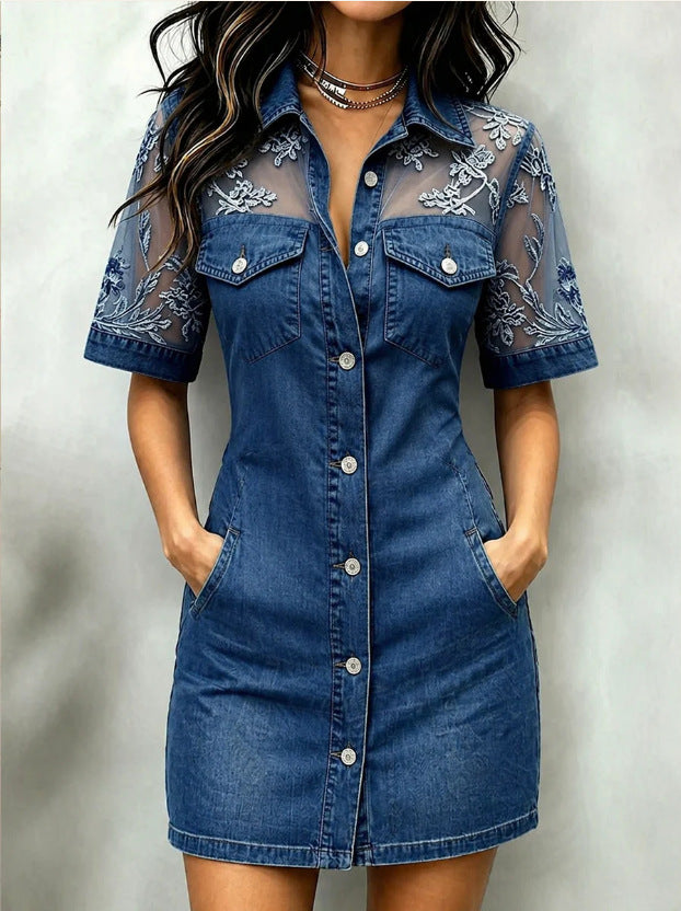 Mini-robe en jean brodée florale en maille transparente
