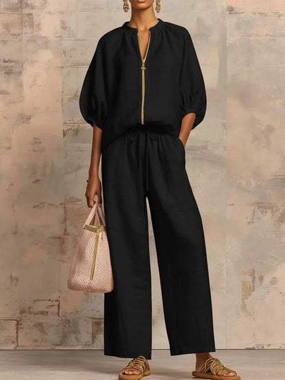New arrival🔥 Two-piece linen and cotton set: stylish and comfortable zipped shirt and wide-leg trousers