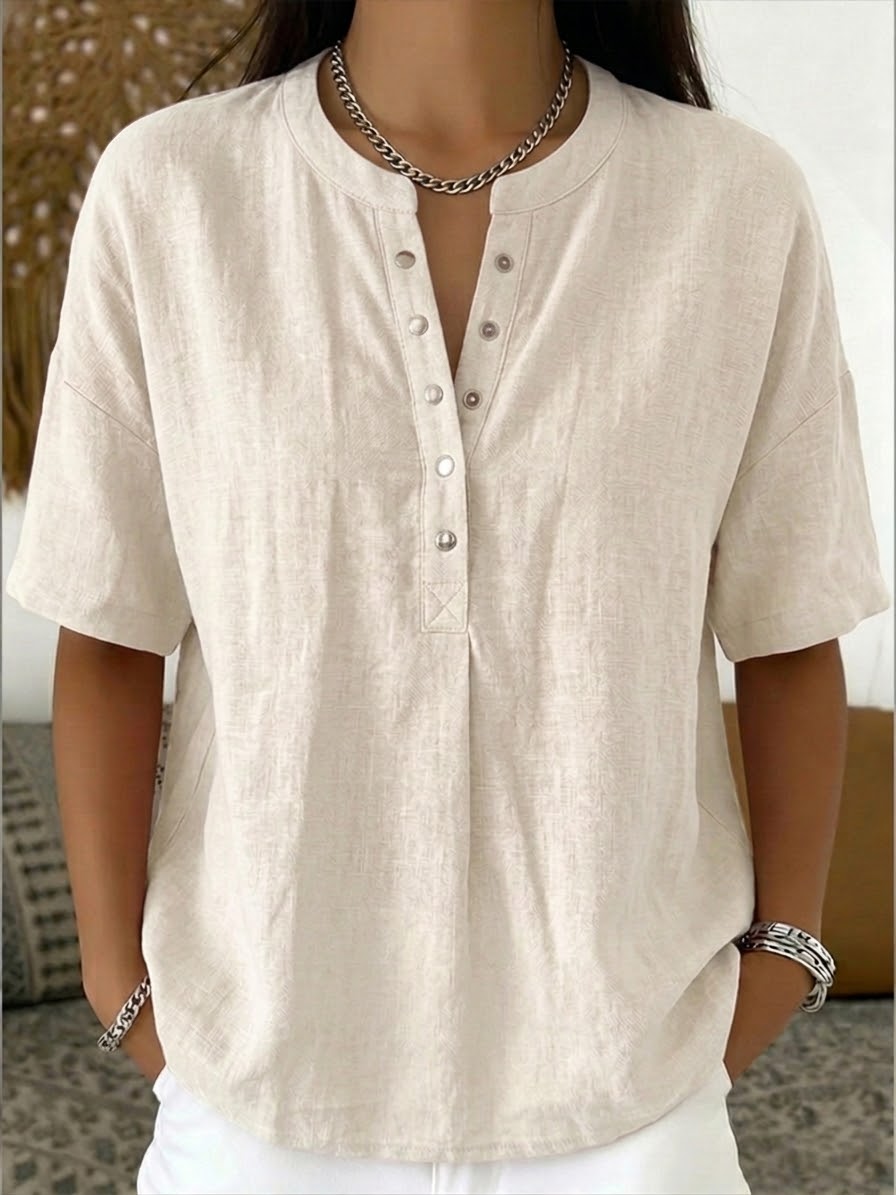 Nouveautés🔥 Chemise décontractée femme à col Henley, manches courtes en lin et coton