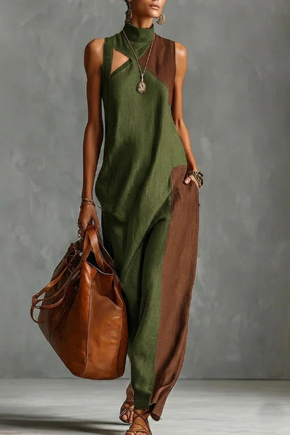 Robe longue décontractée sans manches à col montant, ornée de blocs de couleur élégants et dotée de poches