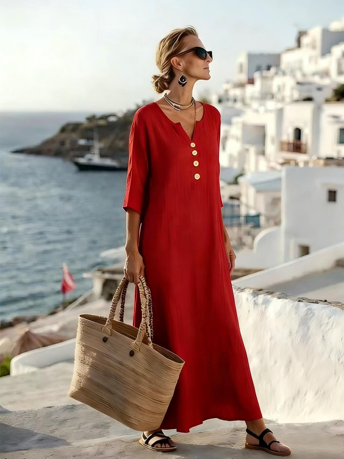 Robe longue décontractée en mélange de lin à col en V