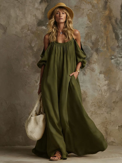 Robe longue caftan fluide blanche à manches bouffantes épaules dénudées avec poches